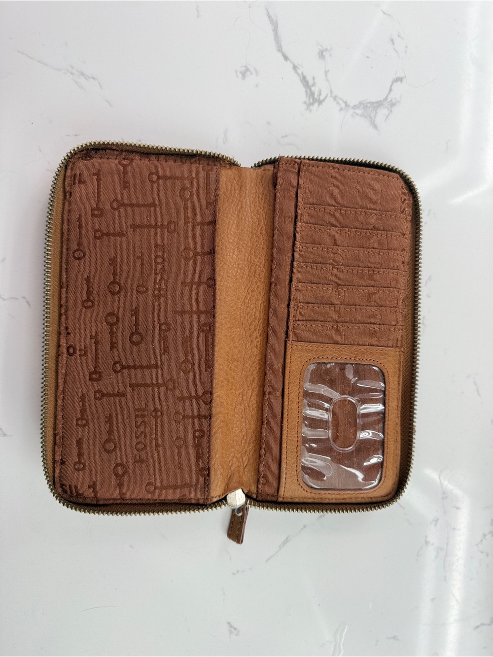 Vintage Fossil Leather Zip Around Wallet Brown Tan Key Print Lining - Picture 9 of 16